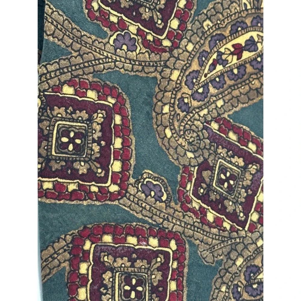 Robert Talbott Carmel Necktie Paisley Square Olive Green Burgundy‎ Silk Tie
